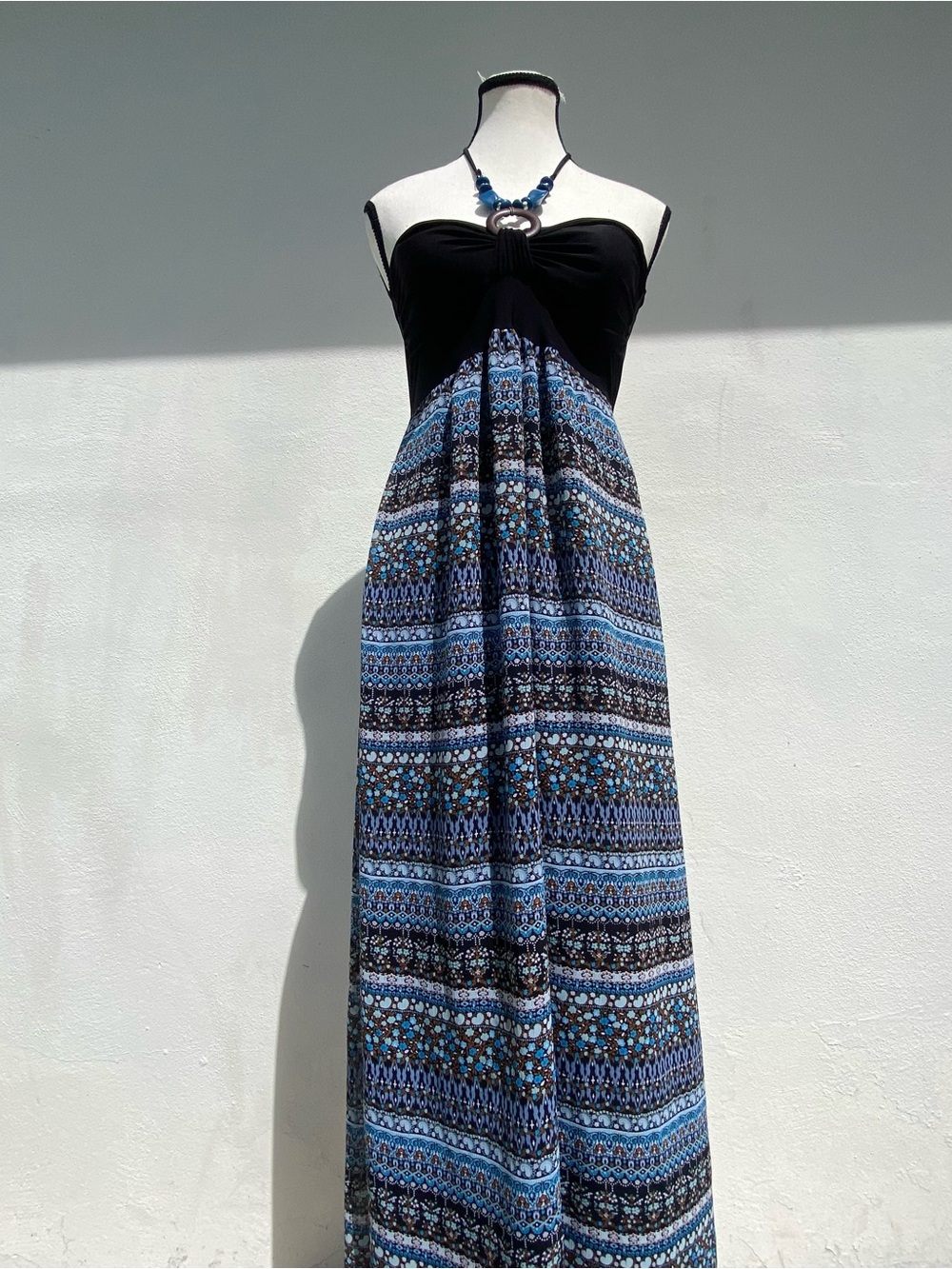 Y2K Boho Black & Blue Multicolor Floral Beaded Halter Neck Maxi Dress Size Small